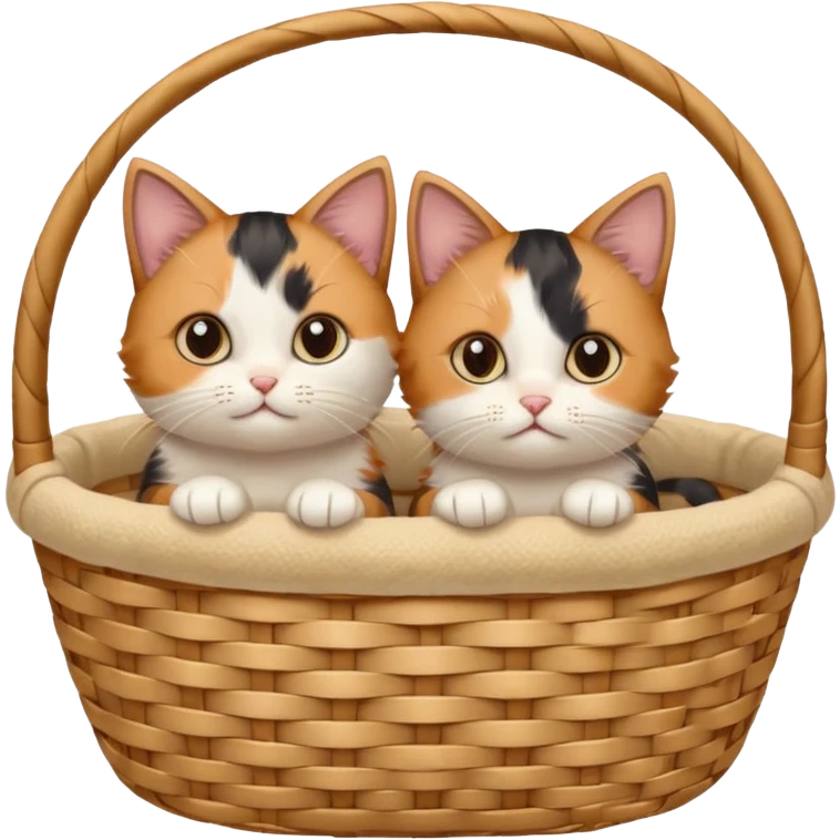 A pair of tiny cats peeking out of a soft-lined basket. emoji