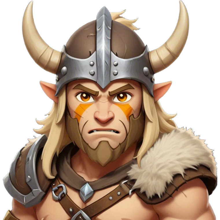 Cinematic Fierce Barbarian Portrait Emoji, Poised and bold with a rugged yet cartoonish build in tattered furs and a horned helmet, expressive bright eyes and a confident smirk, Simplified yet dynamic features, highly detailed, glowing with a vivid, adventurous aura, high shine, heroic and spirited, stylized with an air of medieval warrior charm, focused and energetic, soft glowing outline, capturing the essence of a fearless barbarian adventurer ready to lead his clan with spirited valor! emoji
