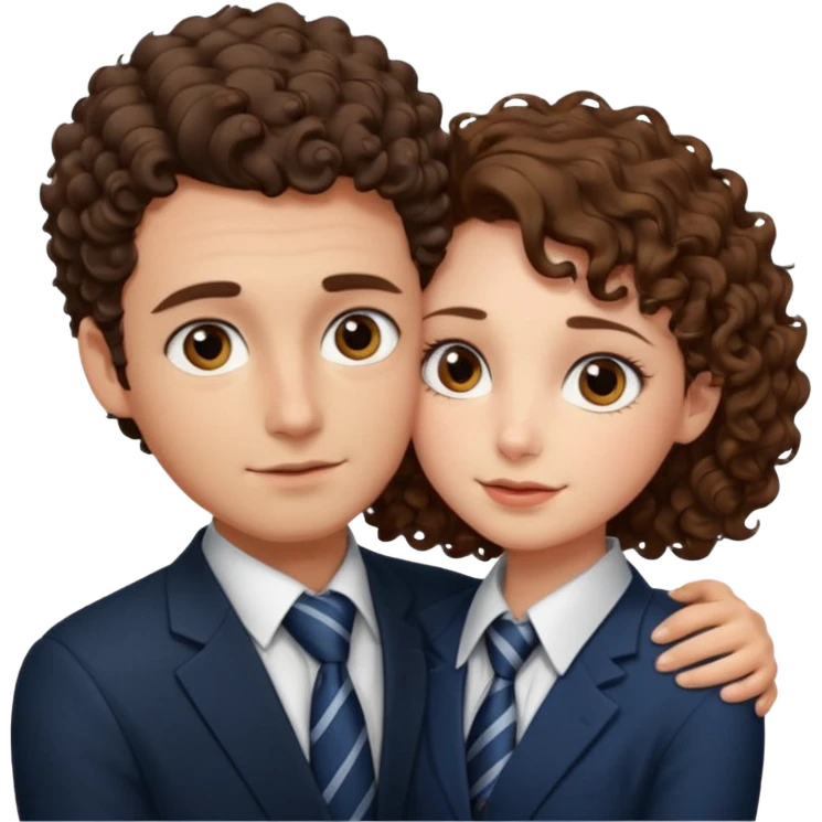 Girl with with sharp eyes tie hair hugging a guy with short curly brown hair emoji