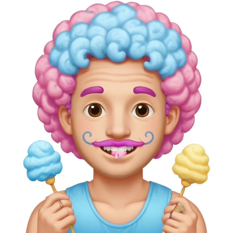 very cheerful colorful puffy curly haired man made out of cotton candy with braces and tattoos and just face  emoji