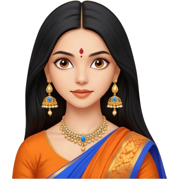 generate a pretty bratz Deepika Padukone with long black hair middle parted.
Wearing an orange saree with a blue blouse, golden jhumkas
 emoji