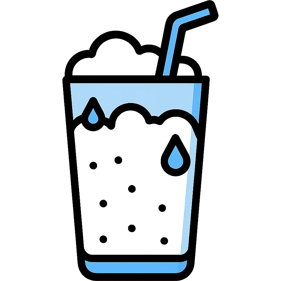 Ayran icon with extra detail, classic glass, white drink, blue and white color palette, visible foam, condensation, straw, color outline style emoji
