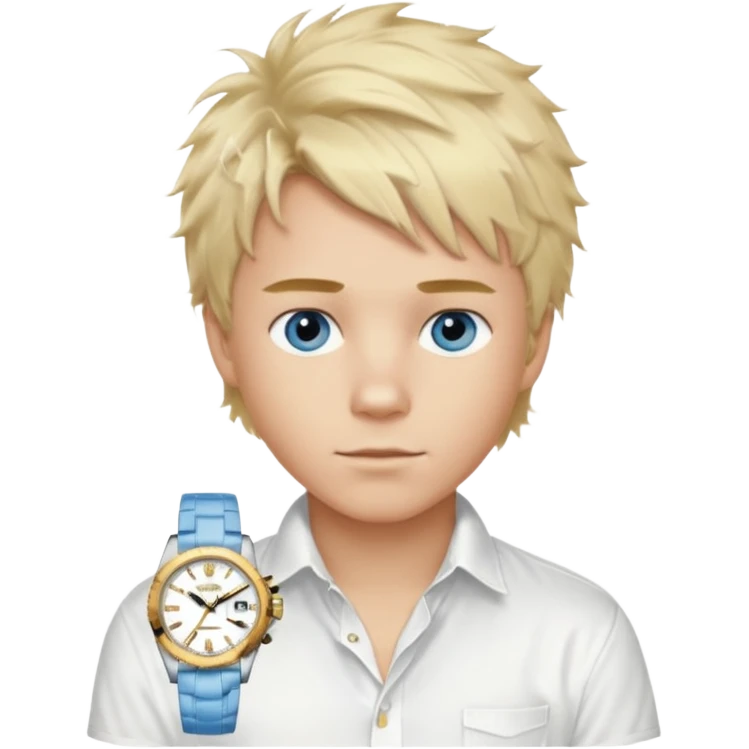 Create a look for a blond boy with long, tousled hair, light eyes, a white sweater, a wealthy appearance, blue eyes, and accessories like a Rolex or Cartier watch, and a cute face with messy hair down. blue eyes + ralph lauren and the hair to the side fluffy shirt emoji