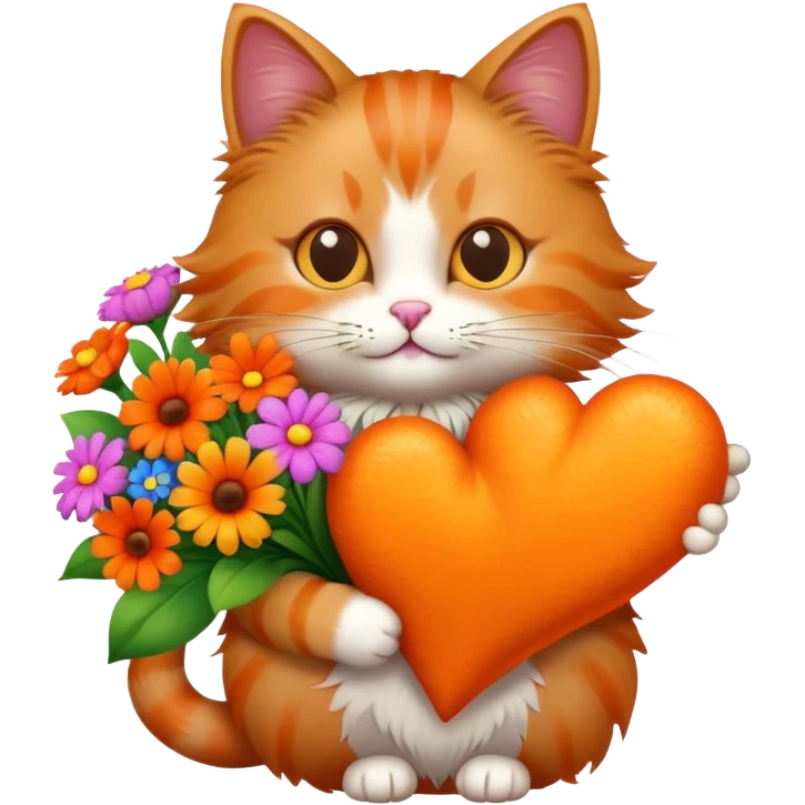 A cat with a heart in its arms and a bouquet emoji