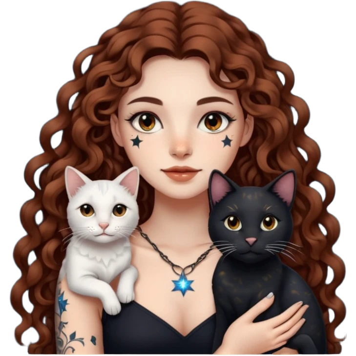 woman with long curly brown hair, brown eyes, white skin, tattoos, black cat made of star constellations beside her emoji