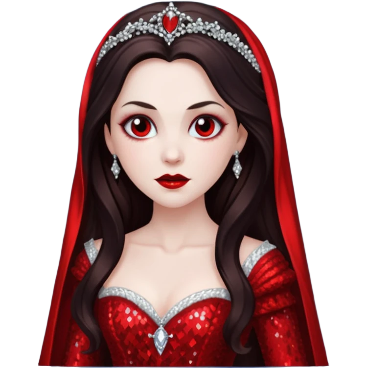 Bride of Dracula with long dark brown hair, red sequin outfit emoji