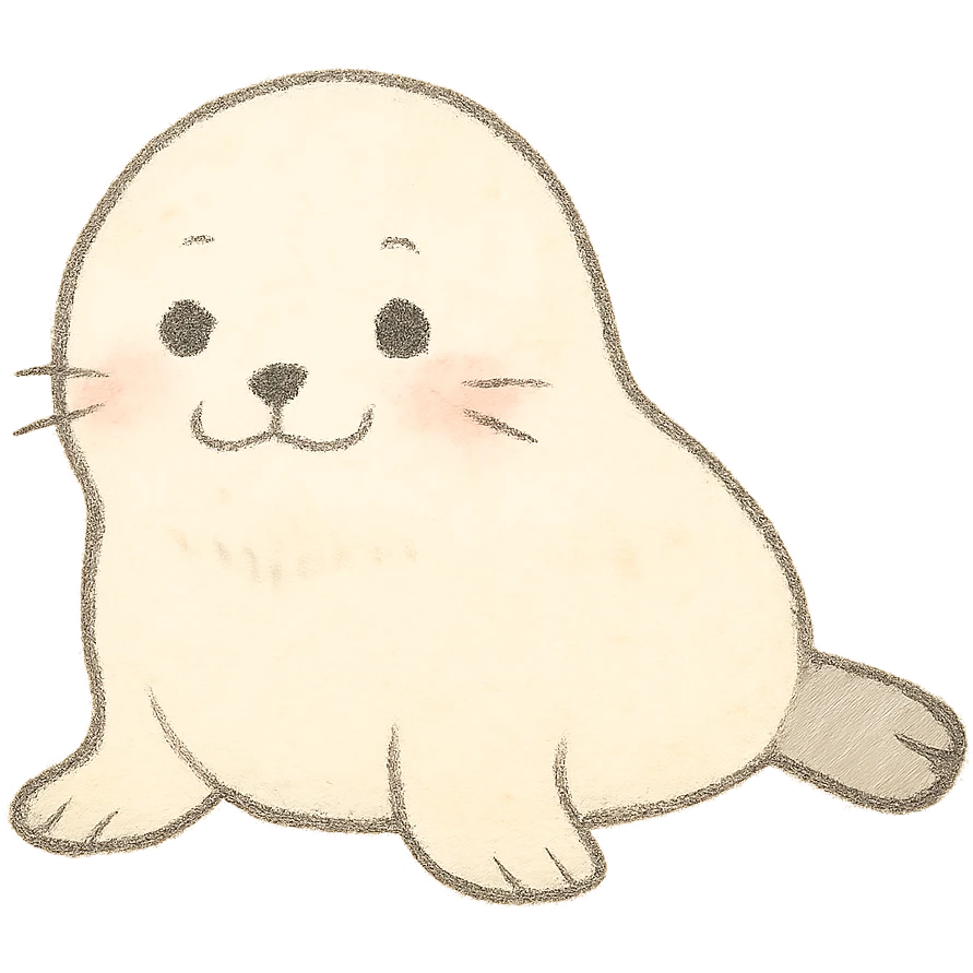 baby seal outline, soft pastel Japanese hand-drawn style, full object, with a gentle smile emoji