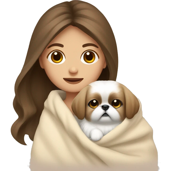 A Women with brown hair is cradling her white Pekingese in a beige blanket emoji