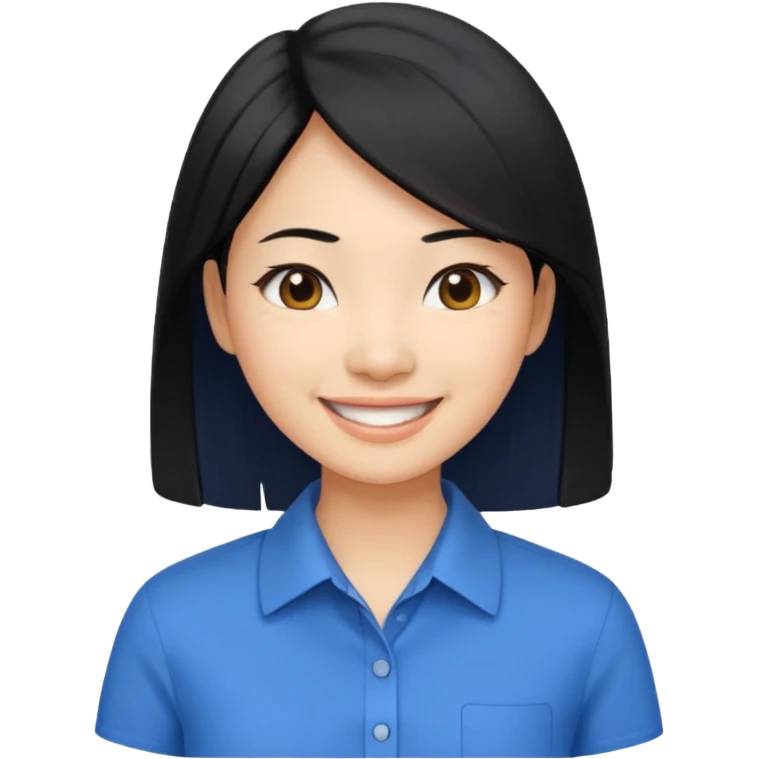 30 yr asian woman light skin medium length straight black hair big smile blue collared shirt emoji