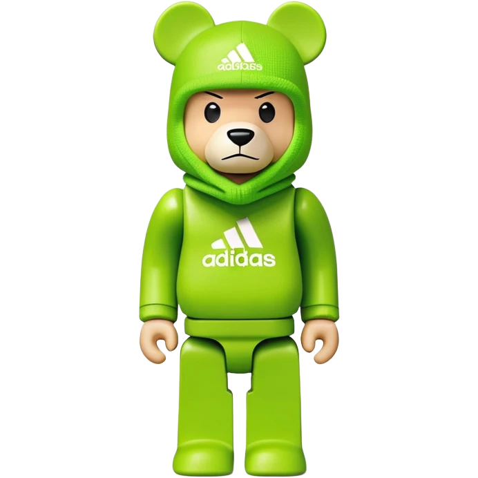 bearbrick toy with cubic design, wearing a lime green balaclava with Adidas trefoil logo, clear aggressive eyebrows, proper bear figure emoji