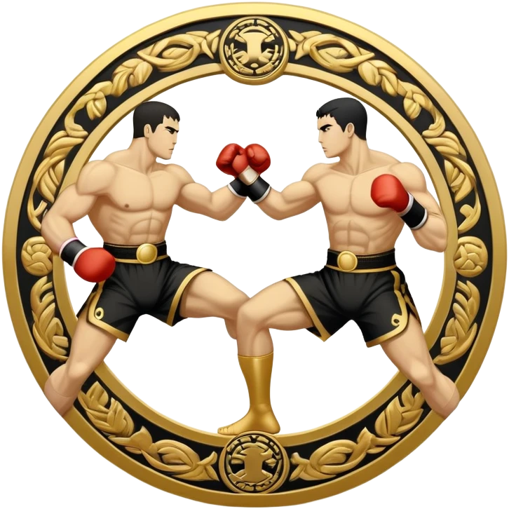 Round emblem symbolizing striking martial arts. The emblem features two fighters in dynamic stances, one delivering a powerful punch while the other defends with a block. In the center, a stylized fist and foot crossed to represent the essence of striking.  emoji