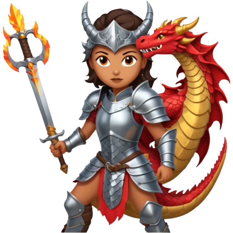 Fierce Latina in armor with a sword in a losing battle with a dragon emoji