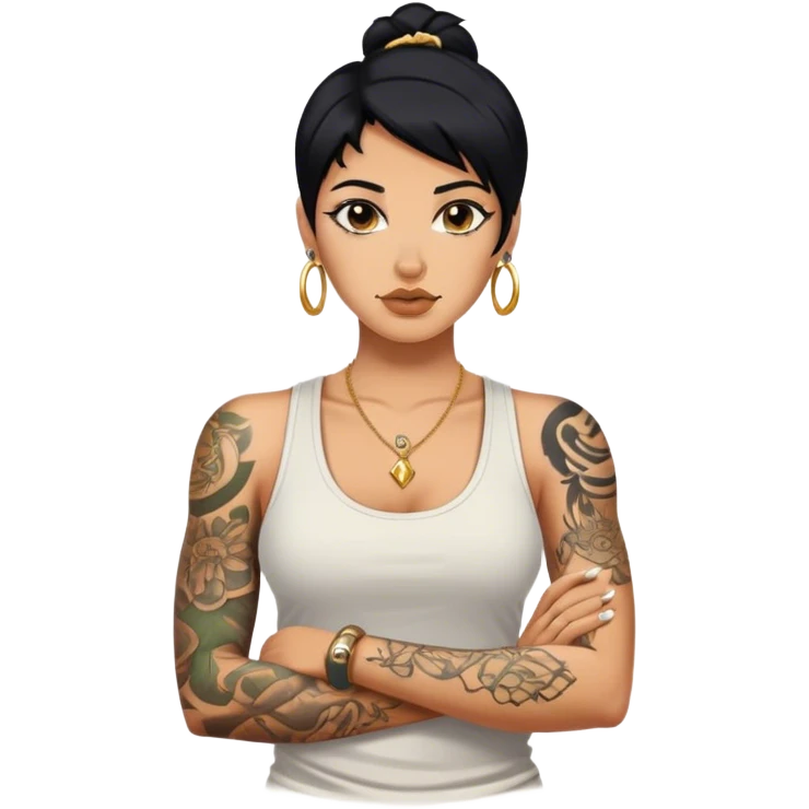 Tan skinned woman with arm tattoos, black hair nose piercing with a tank top and gold necklaces emoji