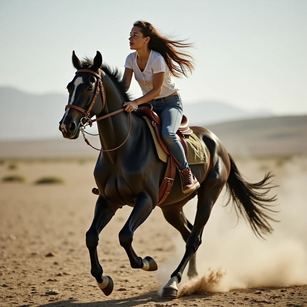 realistic brunette girl with long hair riding a black horse without a saddle, both running at full speed, dynamic motion, no background emoji