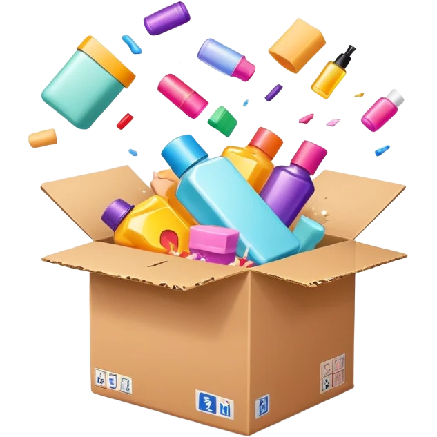 exploding cardboard box with beauty products flying out emoji