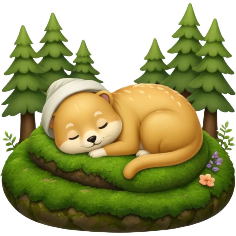 cozy forest character curled up on moss pillow with nightcap emoji