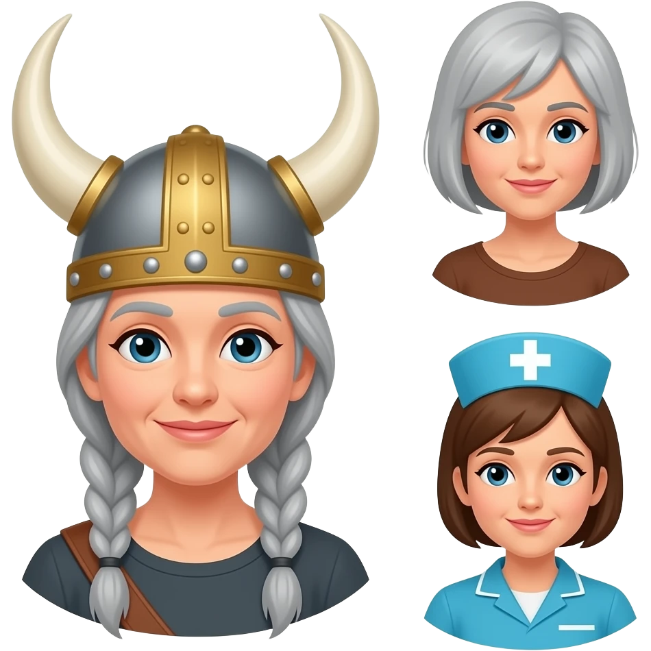 Viking helmet older gray braids, cropped older woman cropped hair  hair woman, older short hair nurse woman and nurse short hair couple emoji
