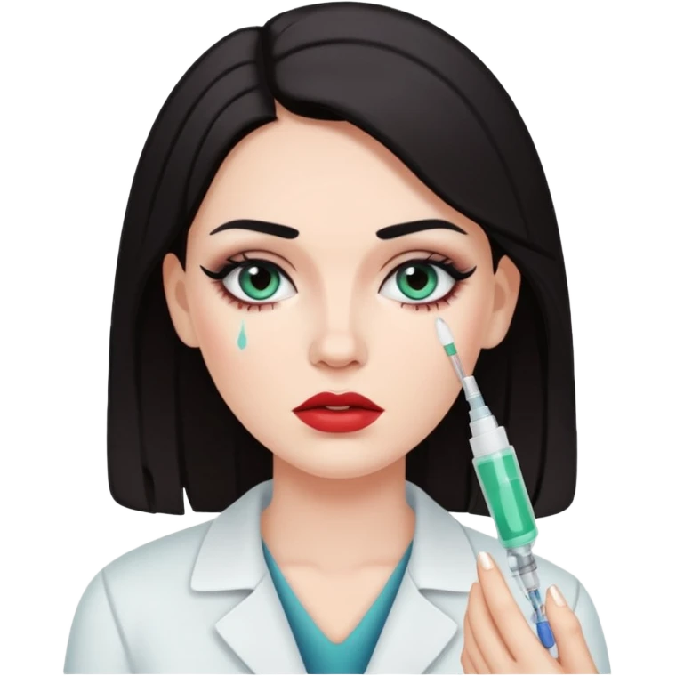 White woman with dark hair and makeup getting an injection on a face emoji