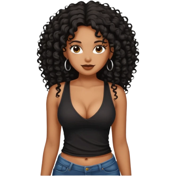 brown skinned lady with curly black hair long hair, messy, nice curves, busty, low cut tank top emoji