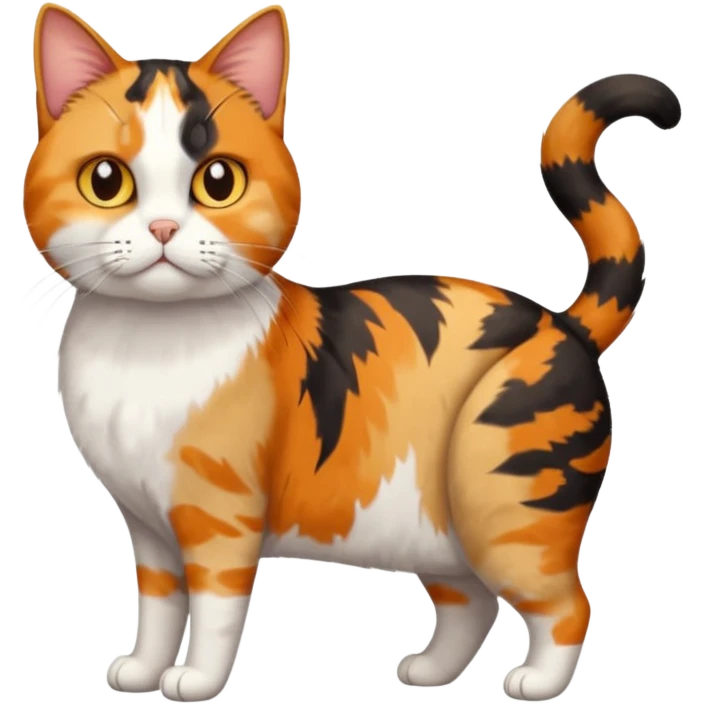 full body colourful calico tabby cat with skinny head and fat body with an anxious face emoji
