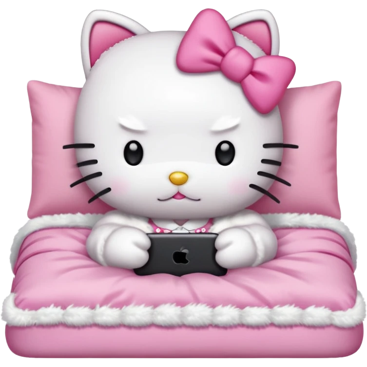 hello kitty tucked into bed on her phone emoji
