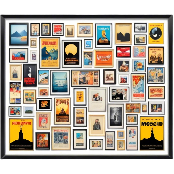 Icon for Photograph and Poster Collecting: a collection of photographs and movie posters, neatly displayed on a wall or in frames. The icon should evoke the nostalgia and artistic value of collecting rare images and posters. Transparent background. emoji