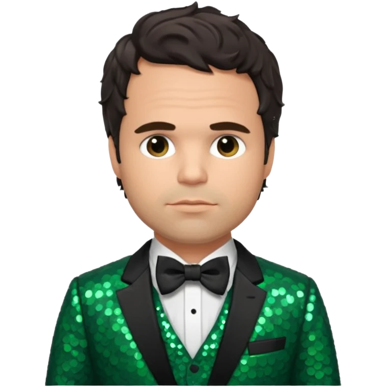 Mark Ruffalo with dark brown hair, dark green sequin suit with bow tie emoji