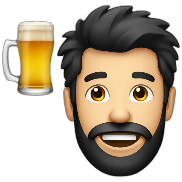 Man black hair and beard winking am eye with a pint of beer emoji