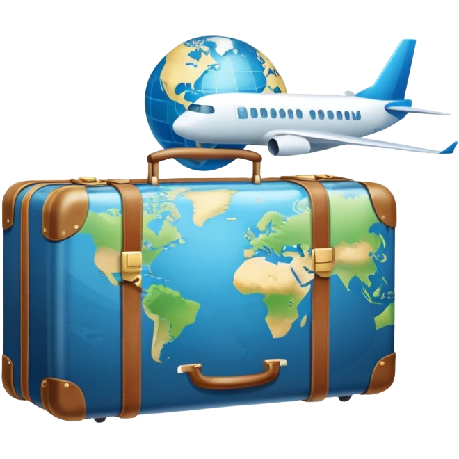 An icon featuring a suitcase, a hotel building, and one globe, symbolizing tourism and hospitality. The design includes a plane and a map, representing travel and accommodation services. Transparent background highlights the global nature of tourism and the hospitality industry. emoji