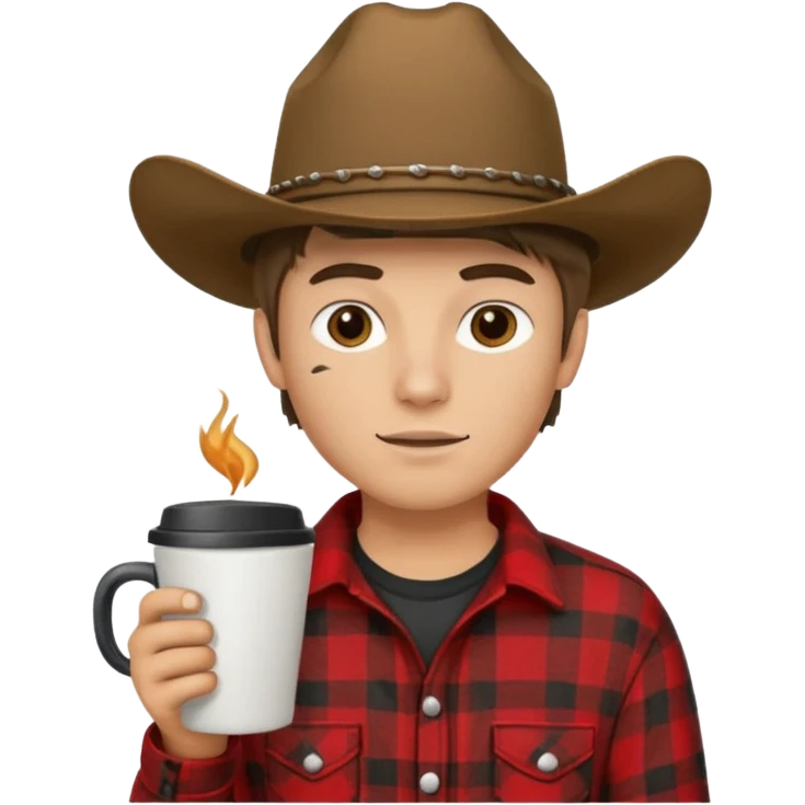 generate an ios genmoji of a 20 year old tan boy with a cowboy hat and side burns. Wearing a flannel and carrying a coffee mug emoji