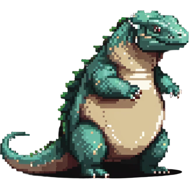 A pixelated fat komodo dragon with a big round belly, mid-hiccup with its body slightly jumping emoji
