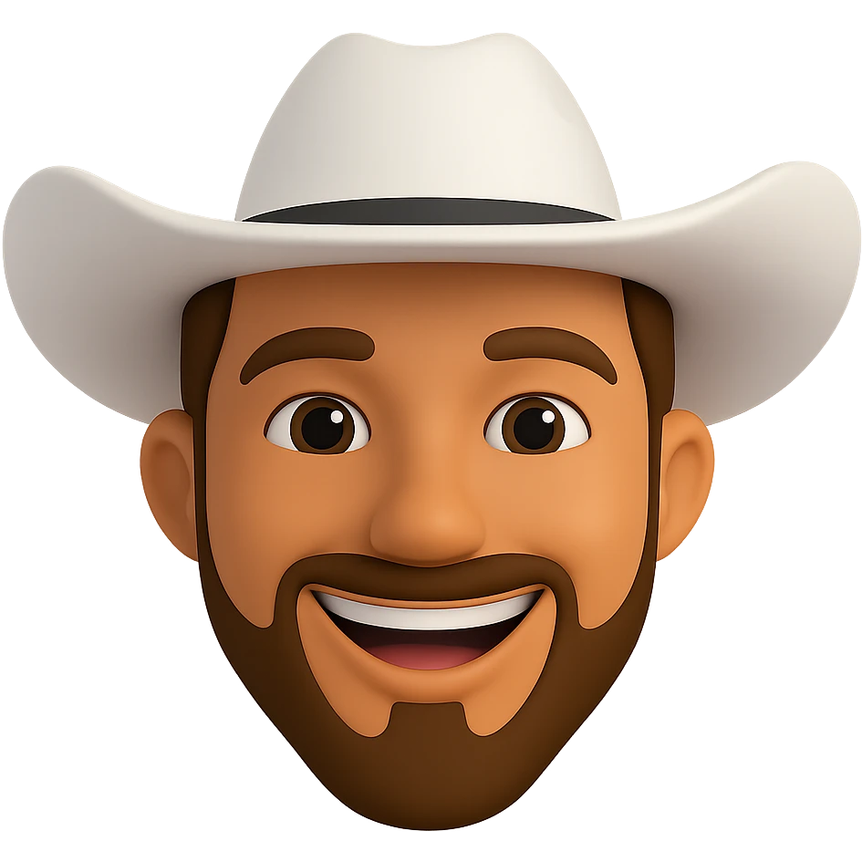 Edit the image to depict a man with a brunette goatee, tanned skin, wearing a white cowboy hat, smiling, in the style of 3D emoji. Remove the background completely. emoji
