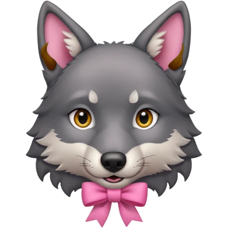Pleading Face cute dark grey wolf with a pink ribbon io his ear emoji