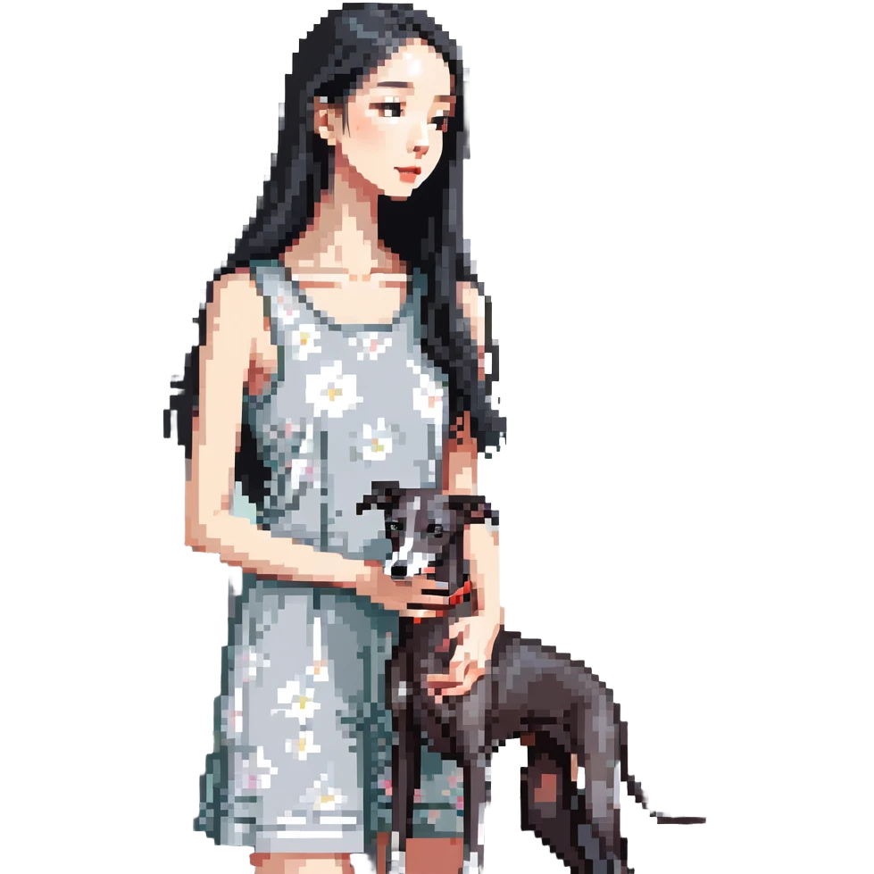 Slim Chinese woman with long black hair in a cute summer outfit with her completely solid grey Italian greyhound looking out a window on a sunny day, the dog has absolutely no white markings anywhere emoji