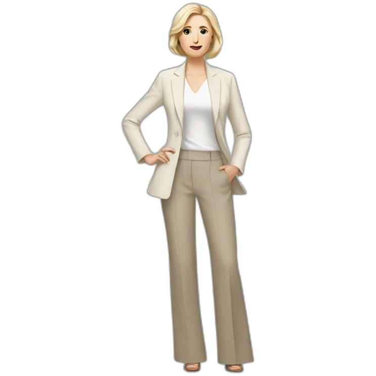 Full height Actively gesturing with hands pale skin woman with ash blonde Straightened bob Hair, White Spacious classical jacket, beige palazzo Arrow pants and gray blouse emoji