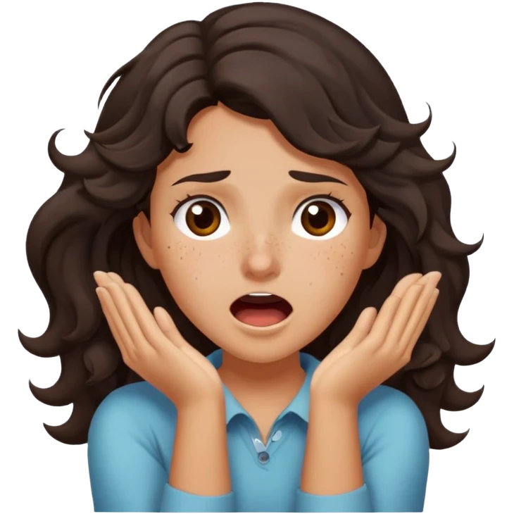 girl very dark brown wavy hair freckles tan skin color brown eyes crossing arms holding neck screaming emoji