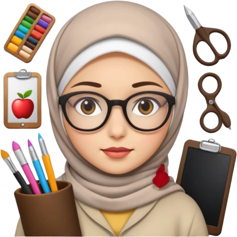a hijab-wearing girl with glasses, surrounded by design tools, Apple emoji style emoji