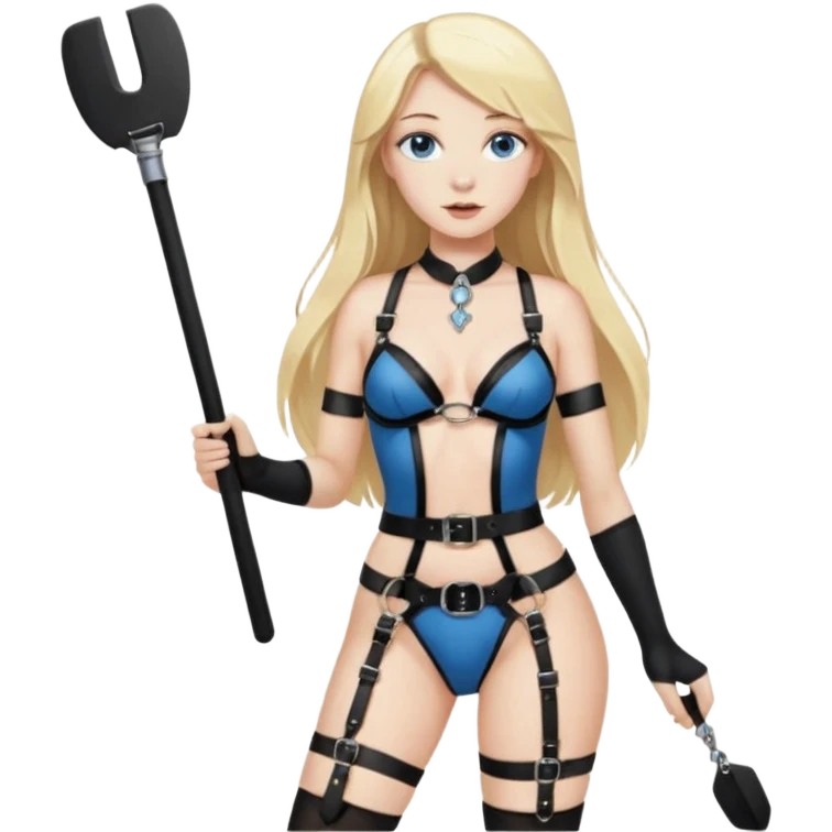 Long blonde hair blue eyes in black lingerie with stockings and harder belt with a key around her neck and a small rectangular leather paddle in one hand emoji