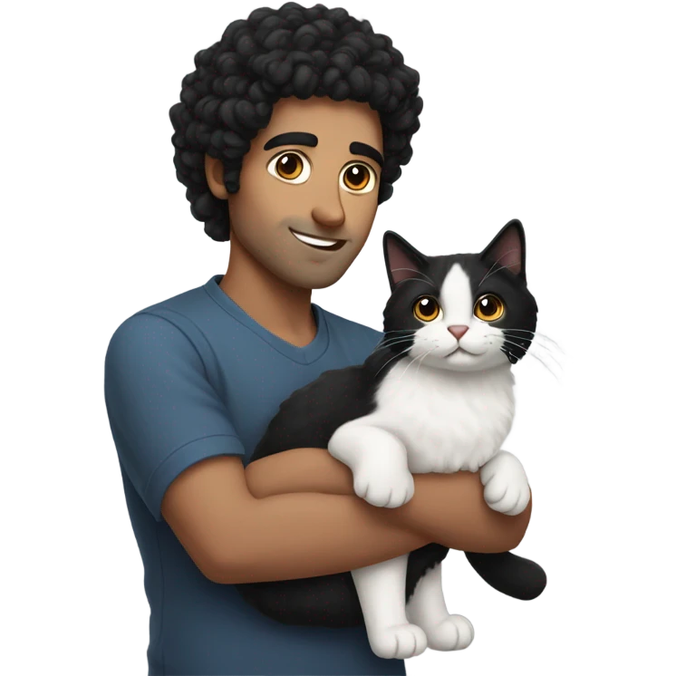 Middle Eastern man with curly black hair holding black and white fluffy cat emoji