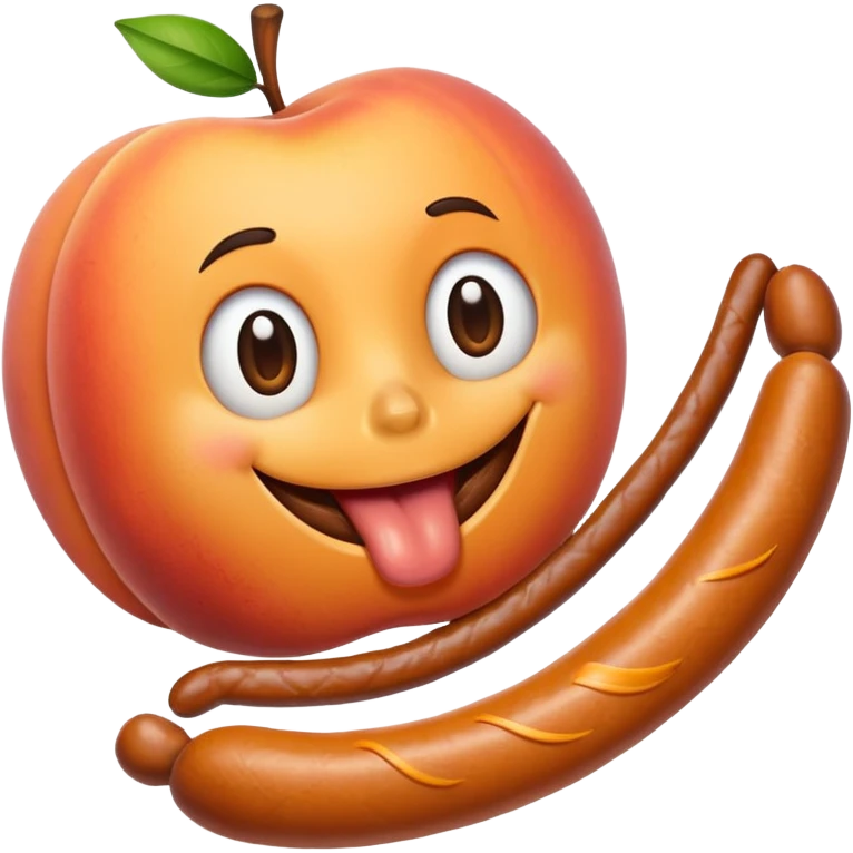 A peach with handmarks with a big bratwurst in his mouth emoji