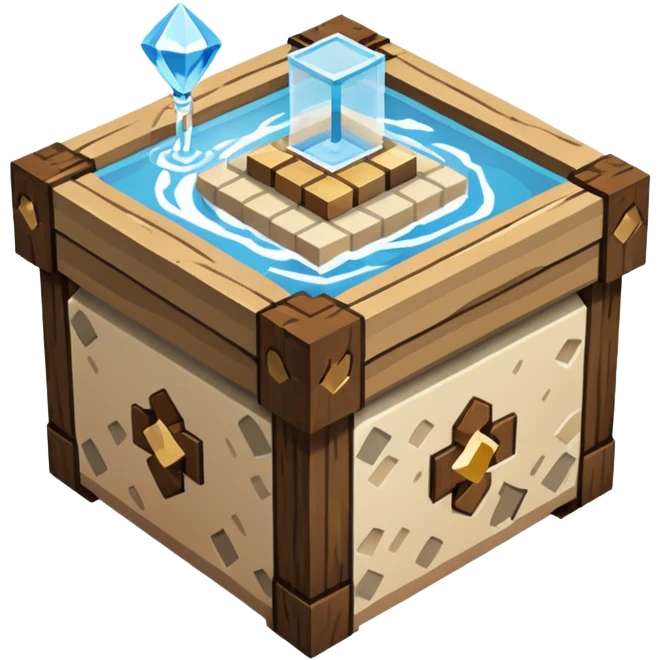 crafting table with tools, stone, wood, glass, sand, steam, water, diamonds... like a minecraft style cube crafting table  emoji
