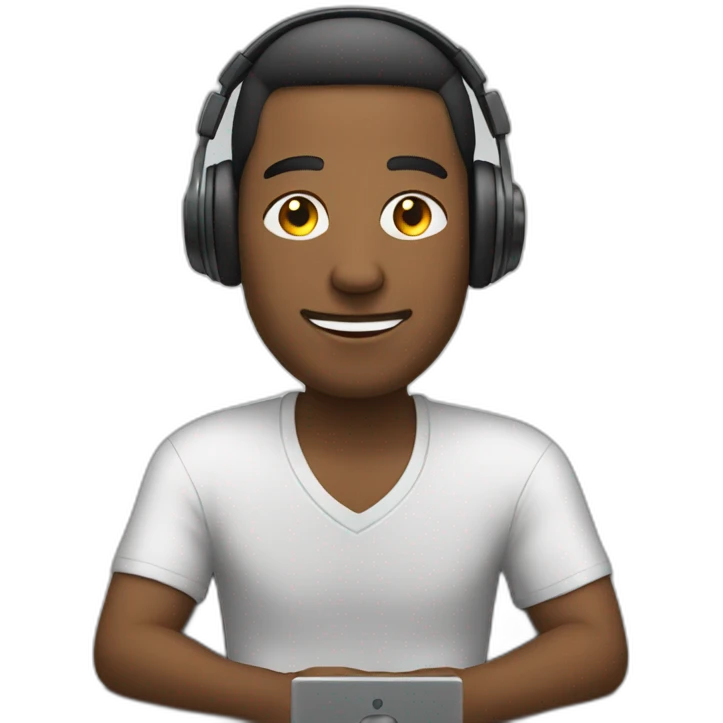 man with headphones sitting relaxed with a desk in front of him emoji