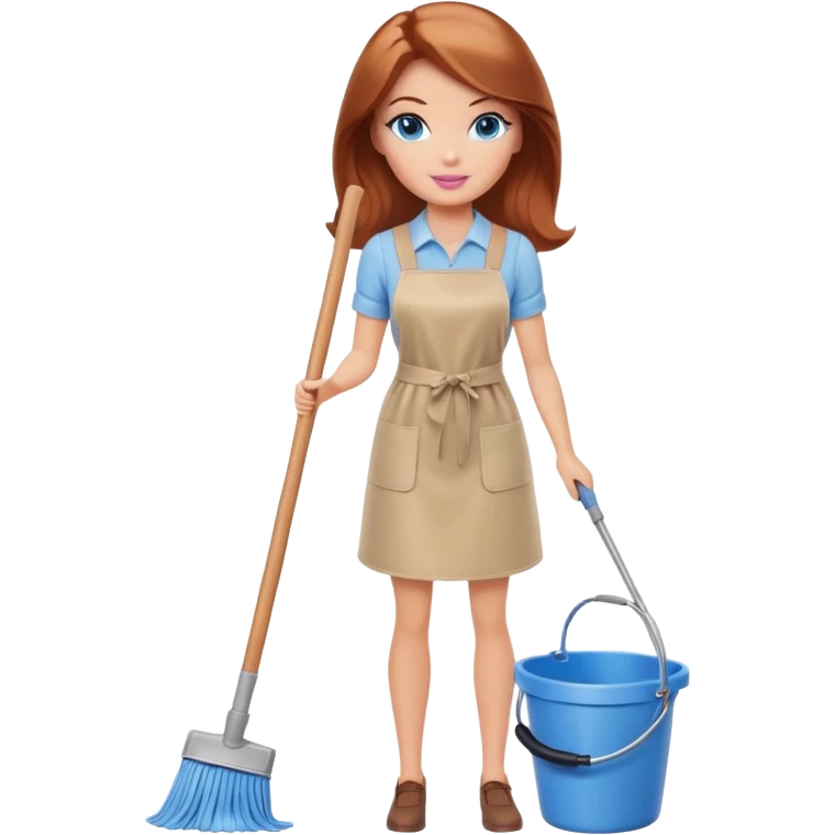 A Barbie girl with blue eyes, shoulder-length reddish-brown hair, made-up, and beige clothes stands with a mop and bucket emoji