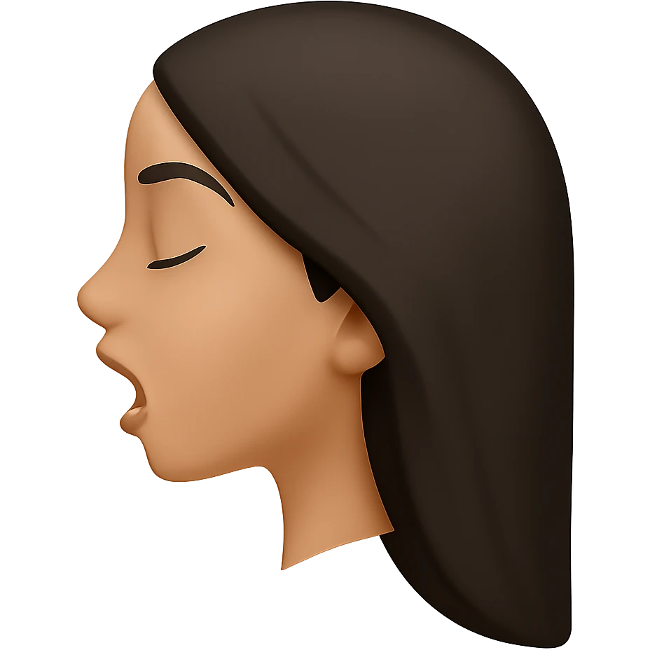 Create a side view (profile) of this woman's head in the normal iPhone emoji style, with closed eyes and an open mouth, smooth shading, no outlines, and long dark hair. Variant 4. The style should replicate the smooth shading and no outlines typical of the iPhone emoji style. emoji