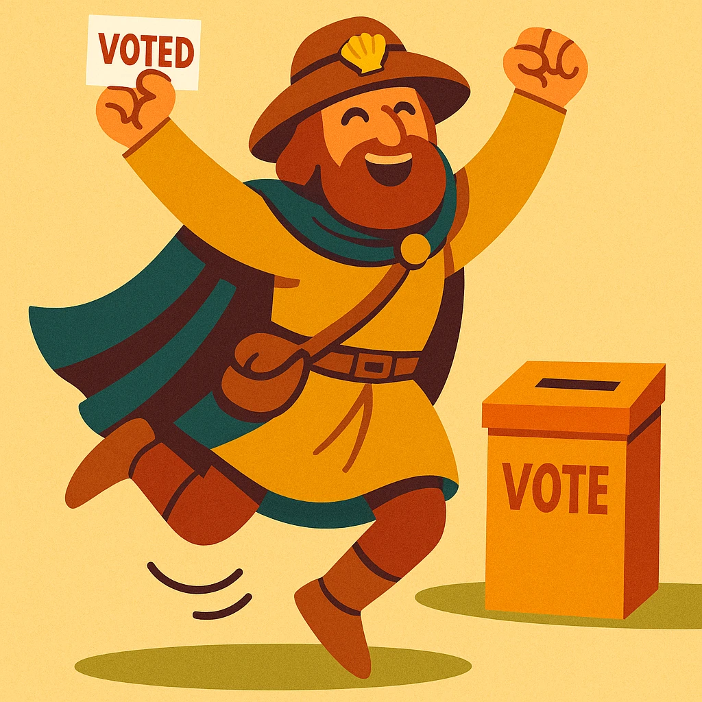 medieval pilgrim celebrating after voting, jumping with joy, vibrant toon style emoji