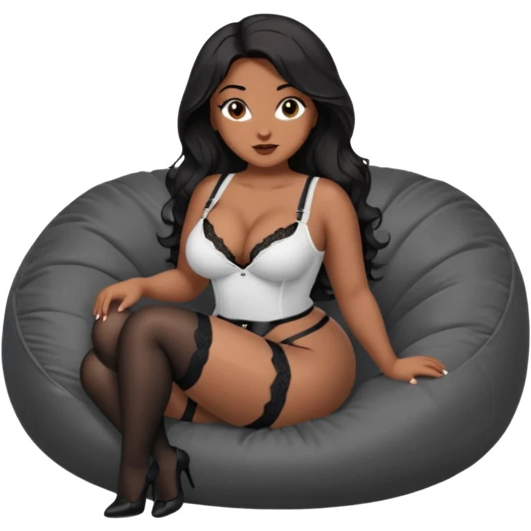 Curvy woman with brown skin with long wavy black hair, dark brown eyes. She's wearing a tight white shirt showing cleavage, black lace thong, black stockings and suspender belt, she's sat on a big dark grey bean bag chair with both her legs wide open emoji