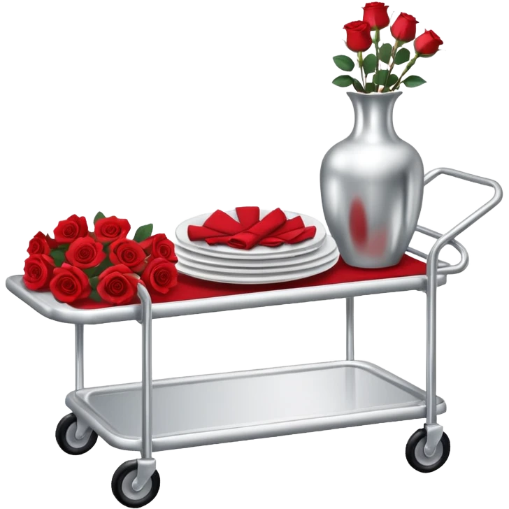 Room service trolley: A silver serving trolley with covered dishes, folded napkins, and a small flower vase. emoji