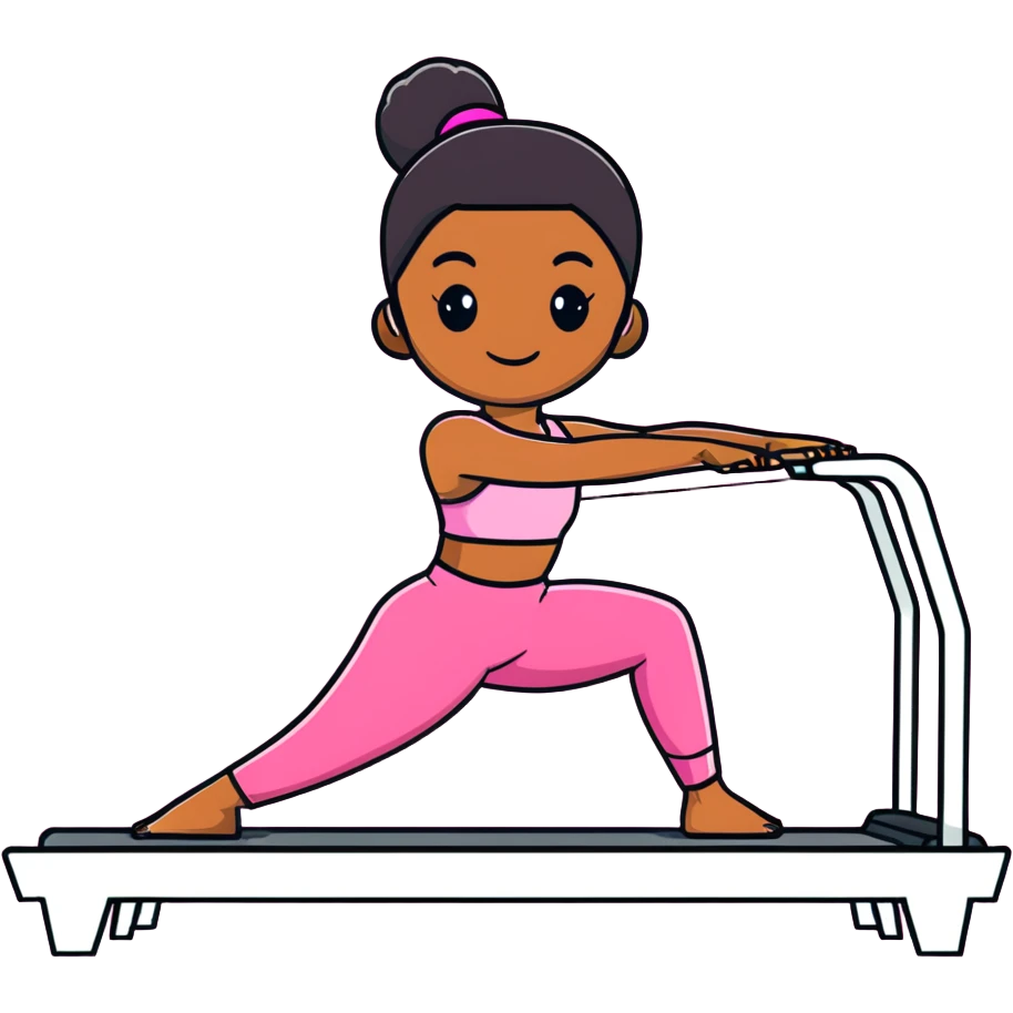 Brown girl in pink outfit on pink reformer pilates emoji