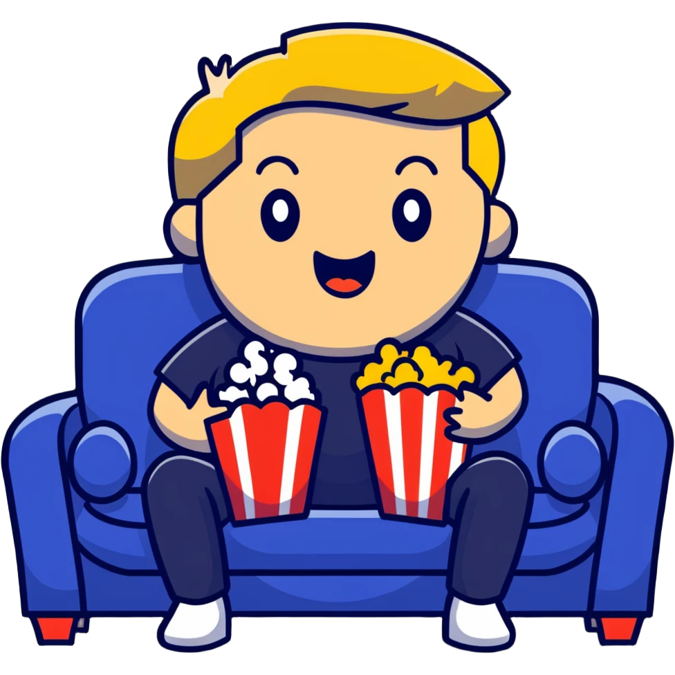 Person sitting comfortably on couch watching movie with popcorn in hand, excited expression emoji