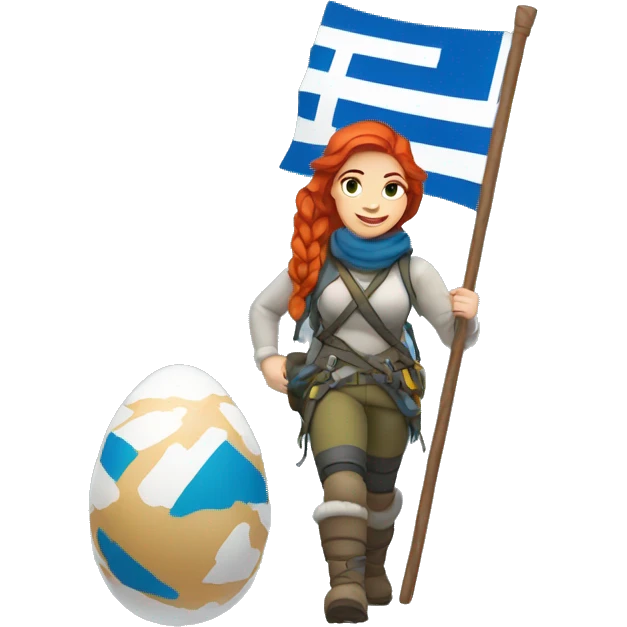 female winter mountaineer red hair holding greek flag and easter egg emoji